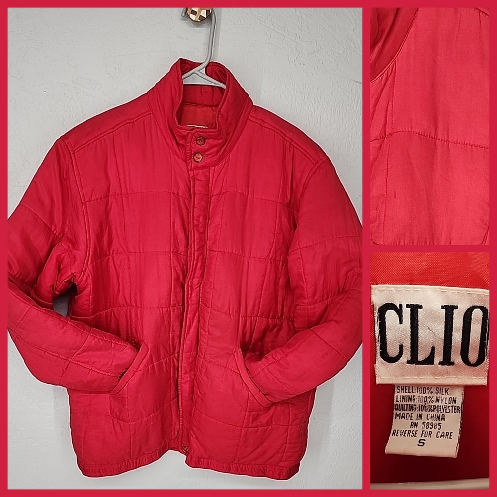 CLIO Red 100% Silk Quilted Puffer Jacket Vintage Gorpcore Women Small
